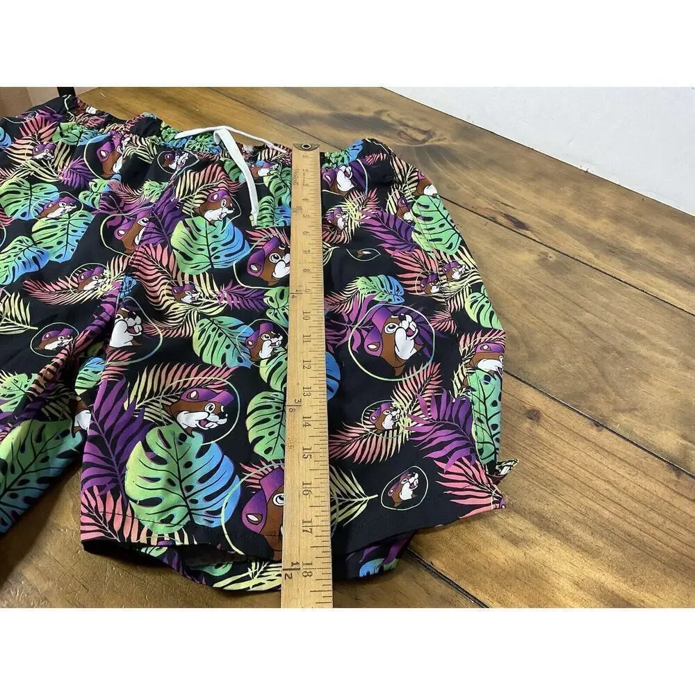 Buc-ees Swim Trunks Mens Size Medium Black Logo All Over Print Floral